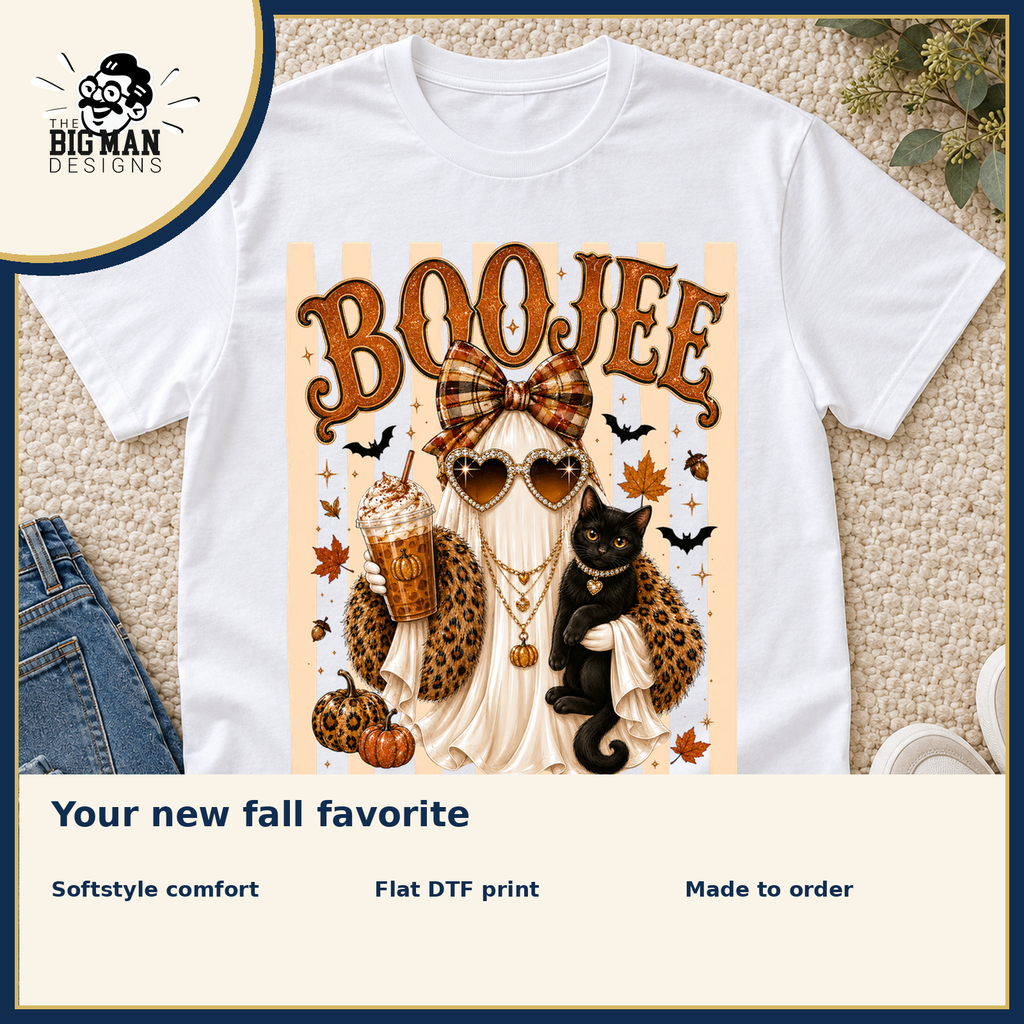 Boujee Ghost and Black Cat: Softstyle comfort, flat DTF printing, and made-to-order benefits