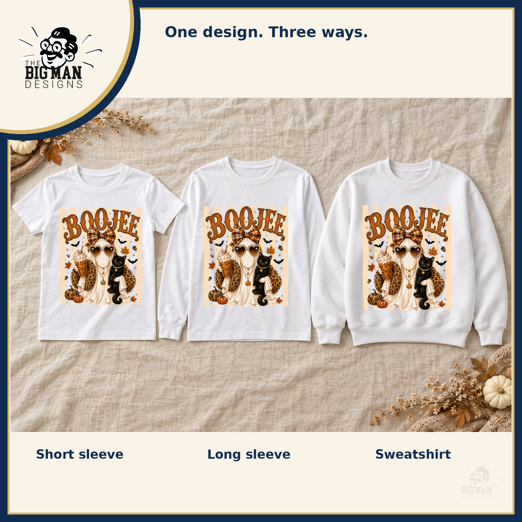 Boujee Ghost and Black Cat: matching short sleeve tee, long sleeve tee, and crewneck sweatshirt