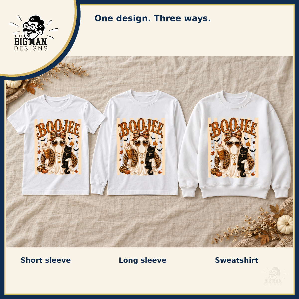 Boujee Ghost and Black Cat: matching short sleeve tee, long sleeve tee, and crewneck sweatshirt