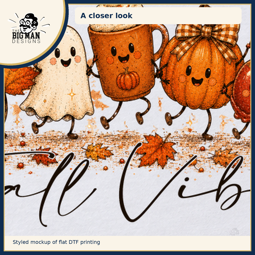 Fall Vibes Friends: cropped artwork detail on fabric, styled DTF mockup