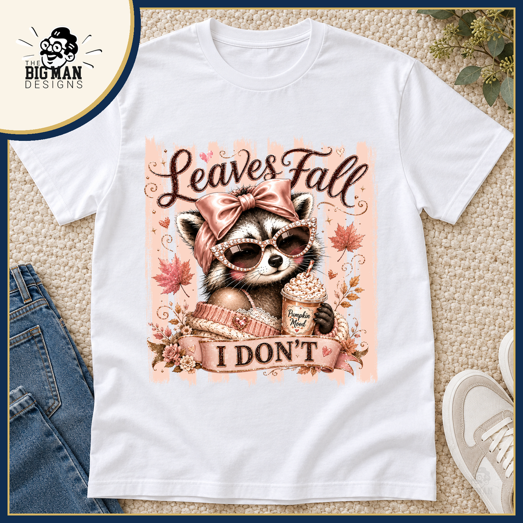 Leaves Fall I Dont Raccoon: white Softstyle shirt in a boutique flat lay