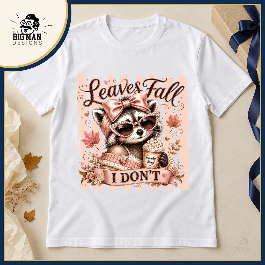 Leaves Fall I Dont Raccoon: shirt in a boutique flat lay with autumn gift styling