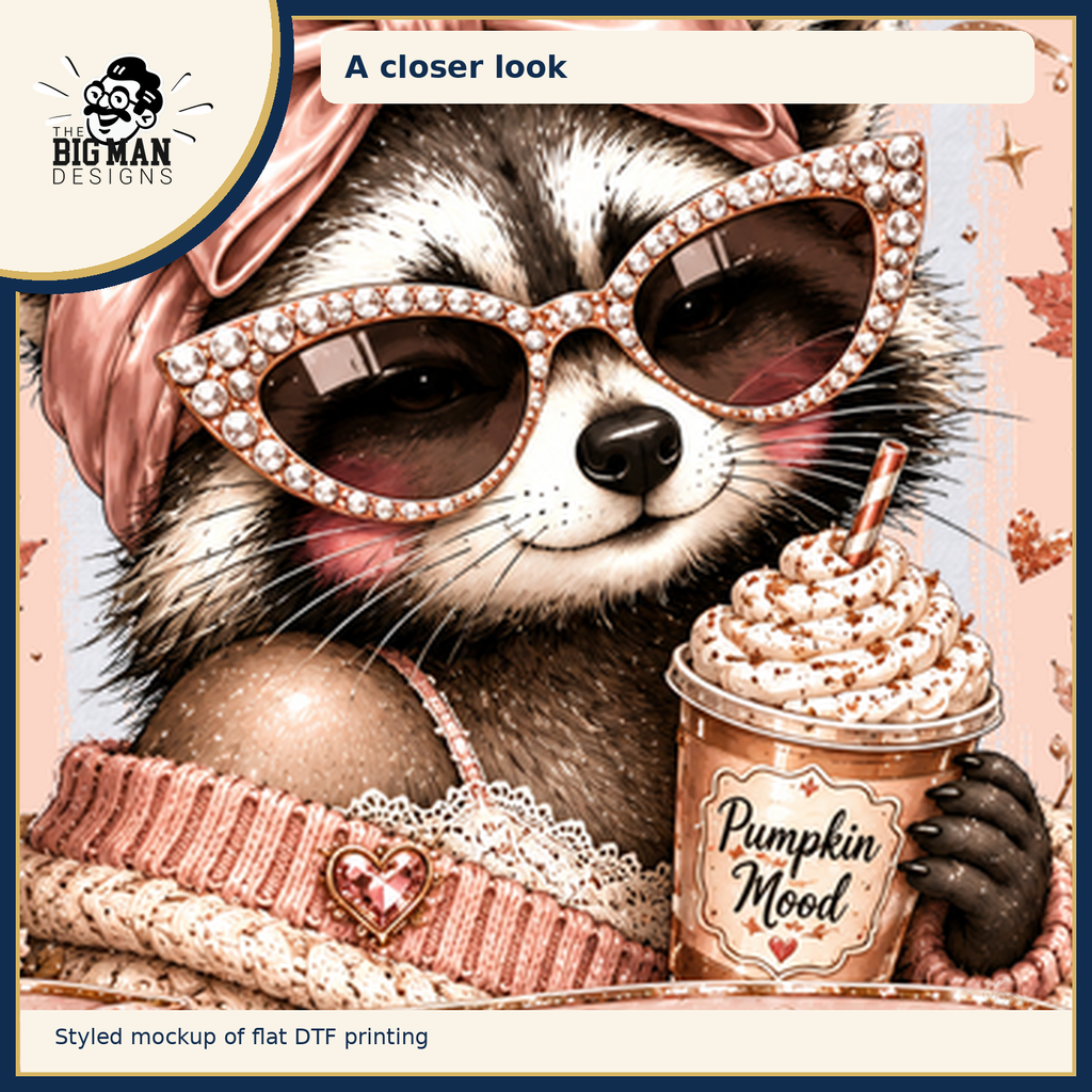 Leaves Fall I Dont Raccoon: cropped artwork detail on fabric, styled DTF mockup