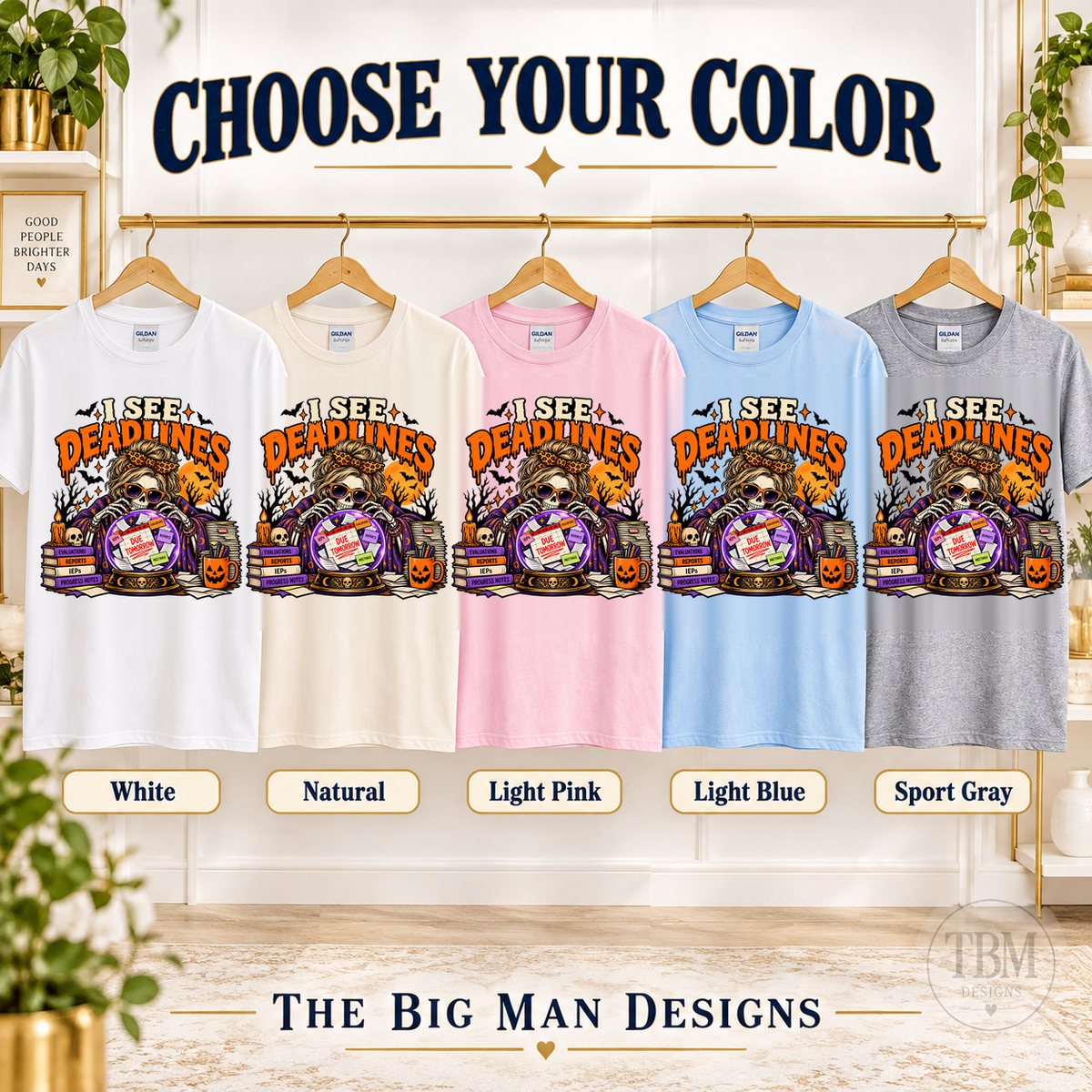 White, Natural, Light Pink, Light Blue and Sport Gray shirt options