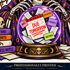 Cropped I See Deadlines calendar and crystal ball print detail