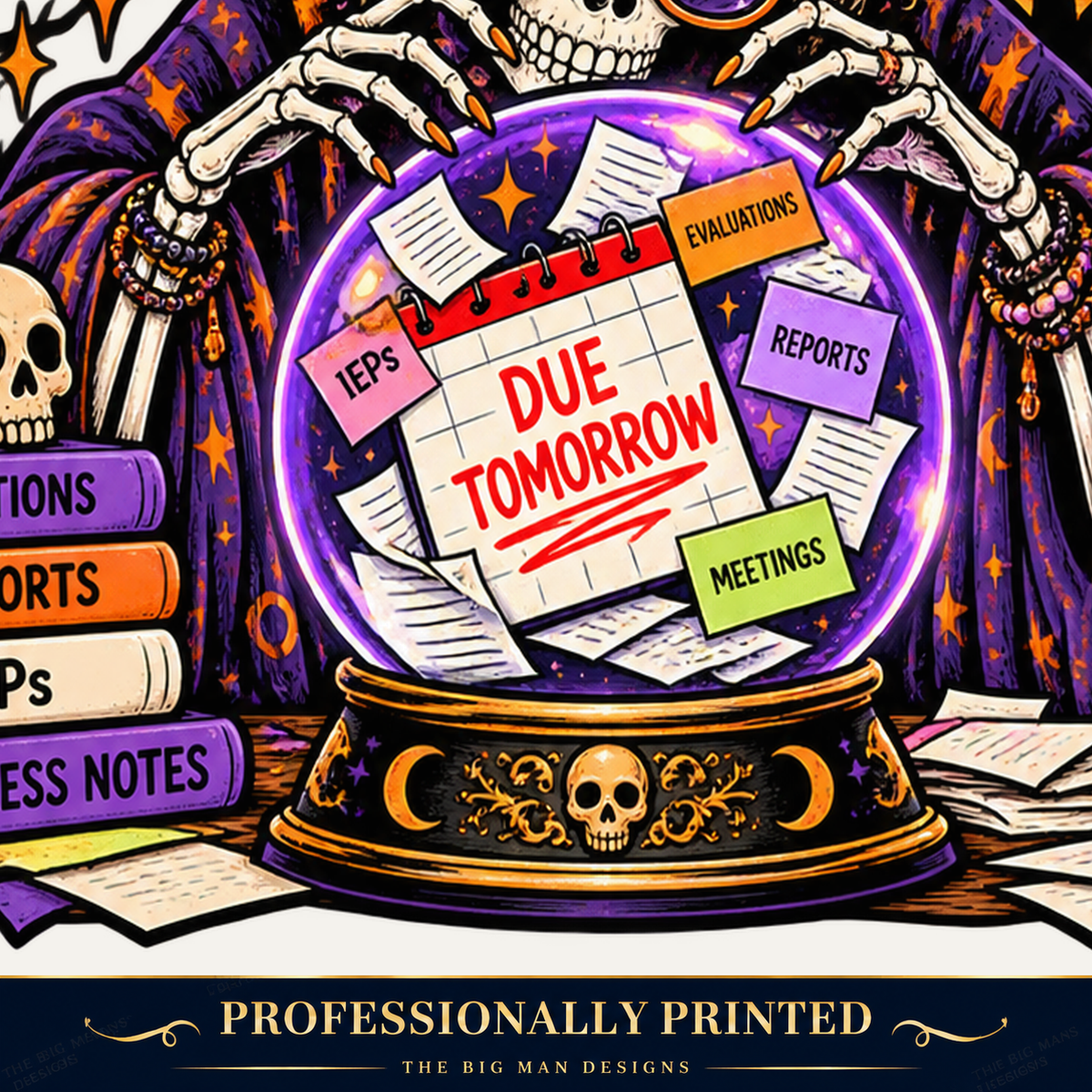 Cropped I See Deadlines calendar and crystal ball print detail