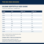 Gildan Softstyle 64000 adult and 64000B youth T-shirt flat width and length measurements in inches