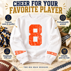 White personalized number sweatshirt with custom name and number, professionally printed, handmade with care and giftable game day style callouts.