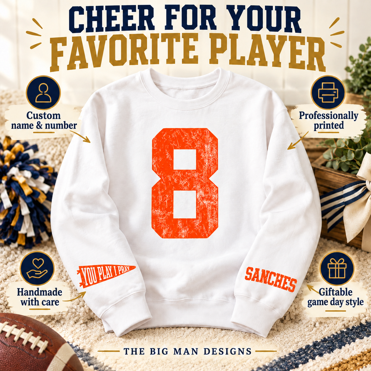 White personalized number sweatshirt with custom name and number, professionally printed, handmade with care and giftable game day style callouts.