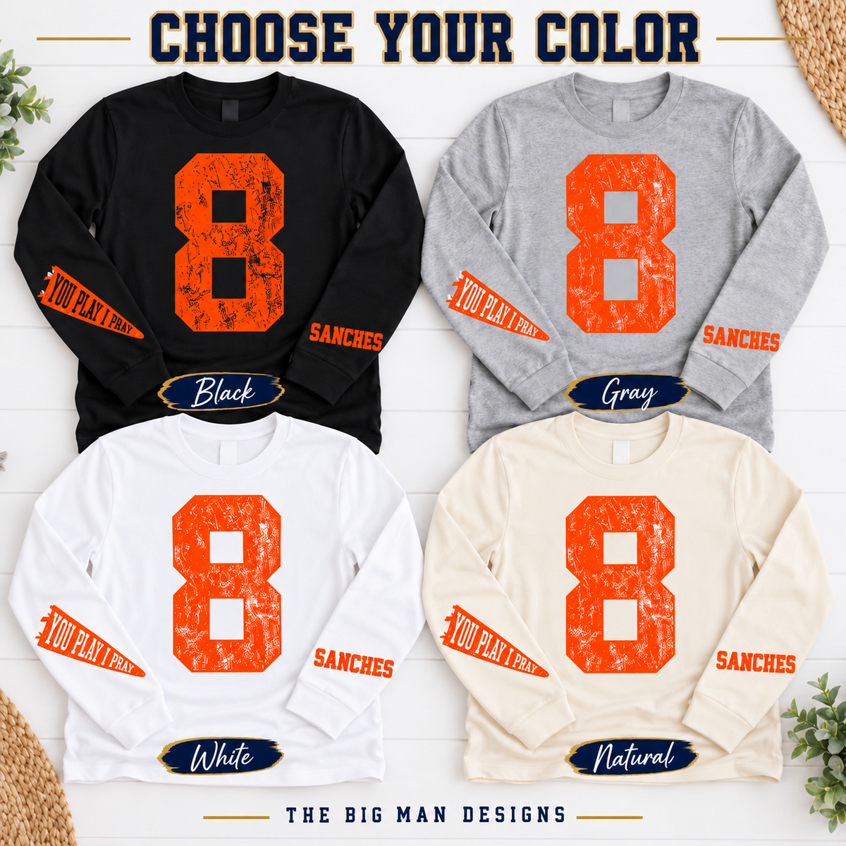 Personalized orange number and sleeve-print design on Black, Gray, White and Natural long-sleeve shirts, showing the four available colors.
