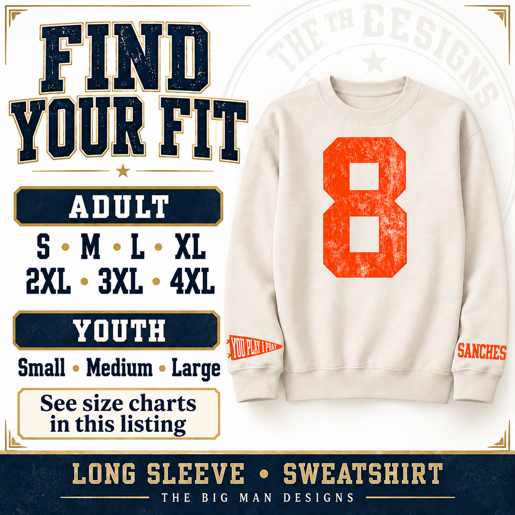Size selection for personalized long-sleeve shirts and sweatshirts: adult S through 4XL and youth Small, Medium and Large. Detailed size charts included in listing.