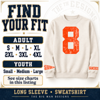 Size selection for personalized long-sleeve shirts and sweatshirts: adult S through 4XL and youth Small, Medium and Large. Detailed size charts included in listing.