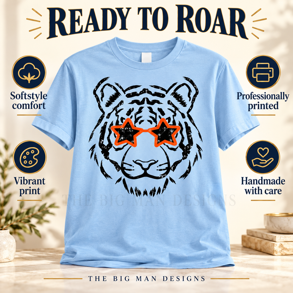 Tiger Star Glasses: shirt with comfort and printed-with-care benefits. The Big Man Designs.