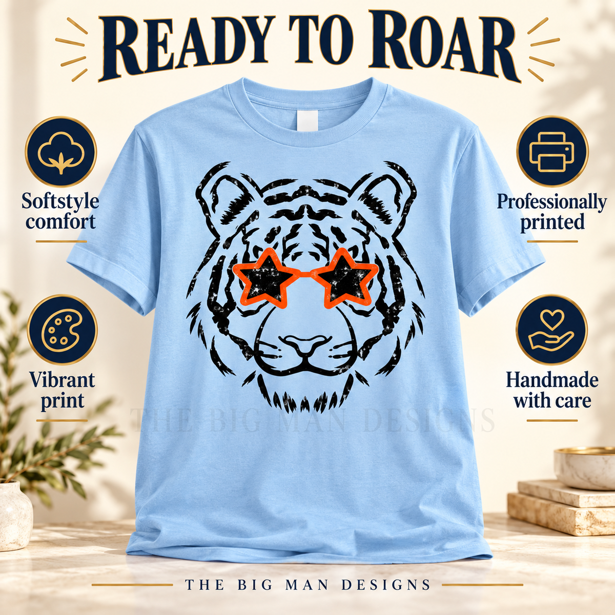 Tiger Star Glasses: shirt with comfort and printed-with-care benefits. The Big Man Designs.