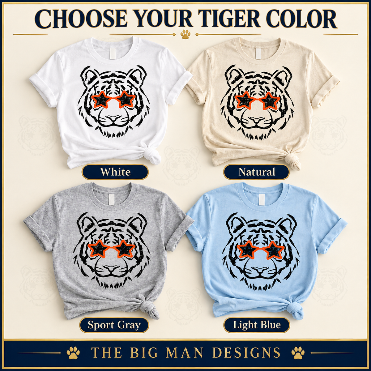 Tiger Star Glasses: shirt color choices in White, Natural, Sport Gray and Light Blue. The Big Man Designs.