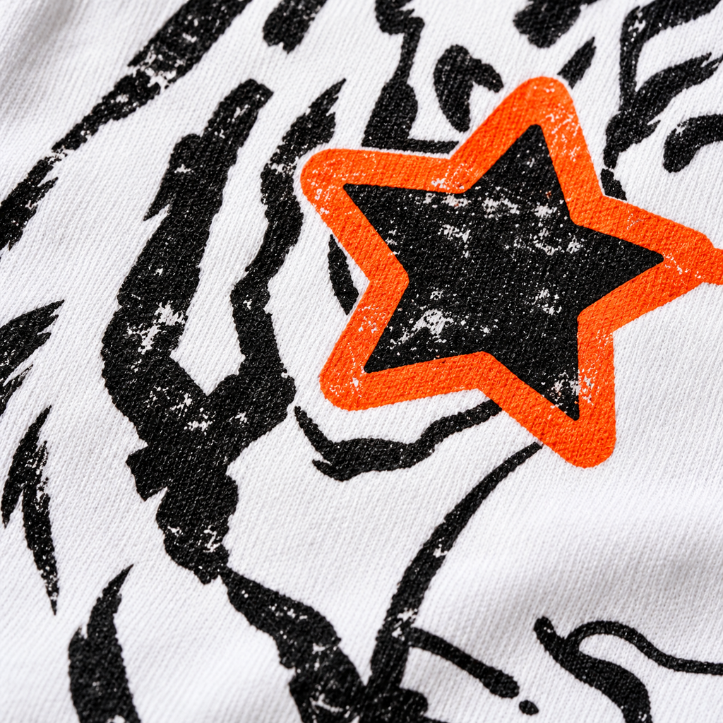 Tiger Star Glasses: close-up of printed artwork on cotton. The Big Man Designs.