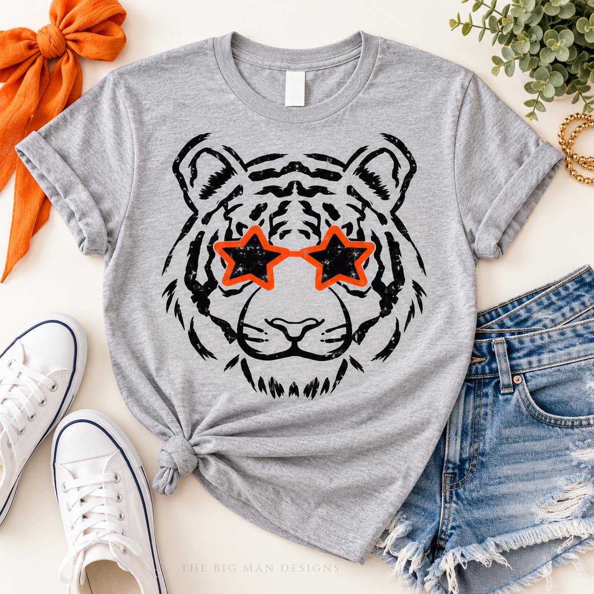 Tiger Star Glasses: shirt flat lay with coordinating accessories. The Big Man Designs.