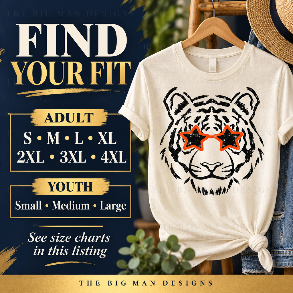 Tiger Star Glasses: adult S to 4XL and youth Small, Medium and Large size selection. The Big Man Designs.