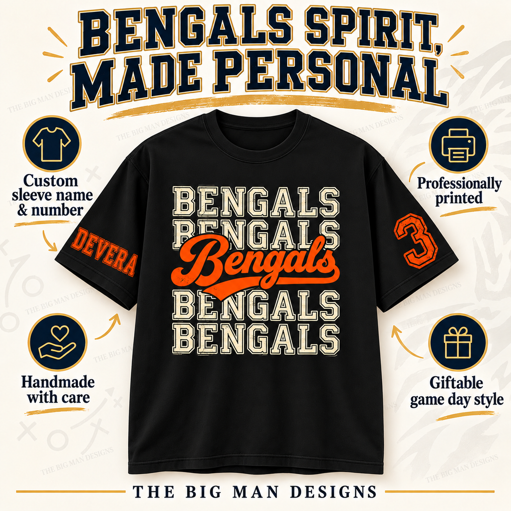 Black Bengals personalized shirt with custom sleeve name and number, professionally printed, handmade with care and giftable game day style callouts.