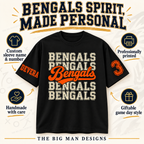 Black Bengals personalized shirt with custom sleeve name and number, professionally printed, handmade with care and giftable game day style callouts.