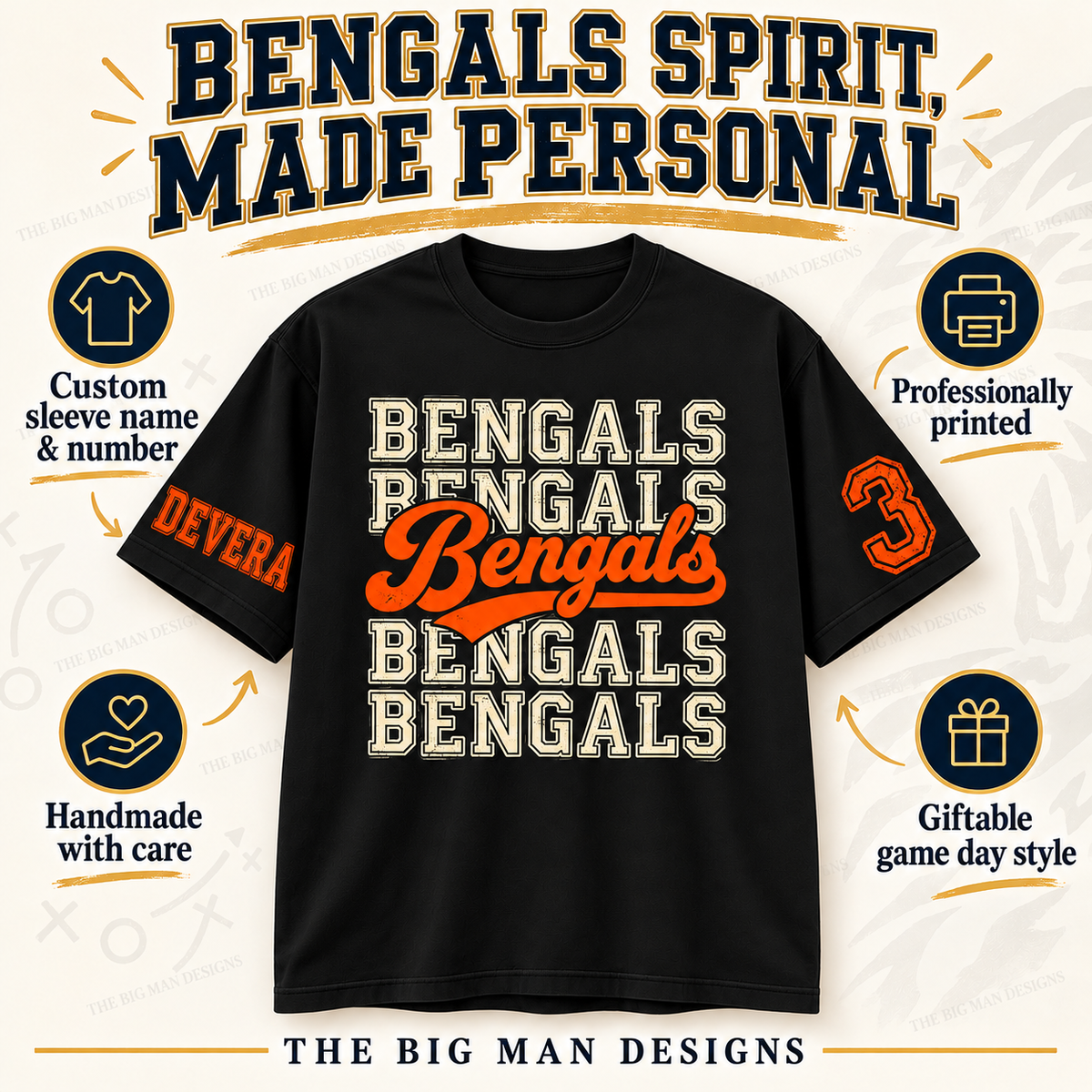 Black Bengals personalized shirt with custom sleeve name and number, professionally printed, handmade with care and giftable game day style callouts.