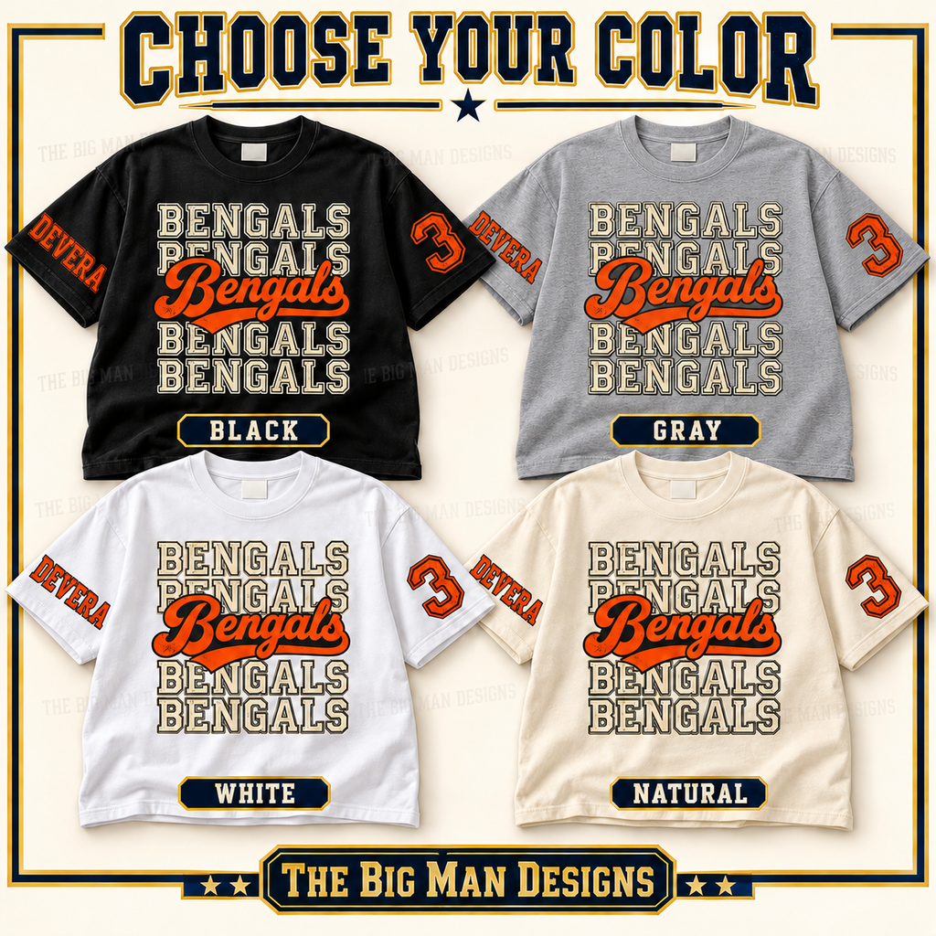 Bengals personalized shirt color options: Black, heather Gray, White and Natural.