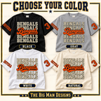 Bengals personalized shirt color options: Black, heather Gray, White and Natural.