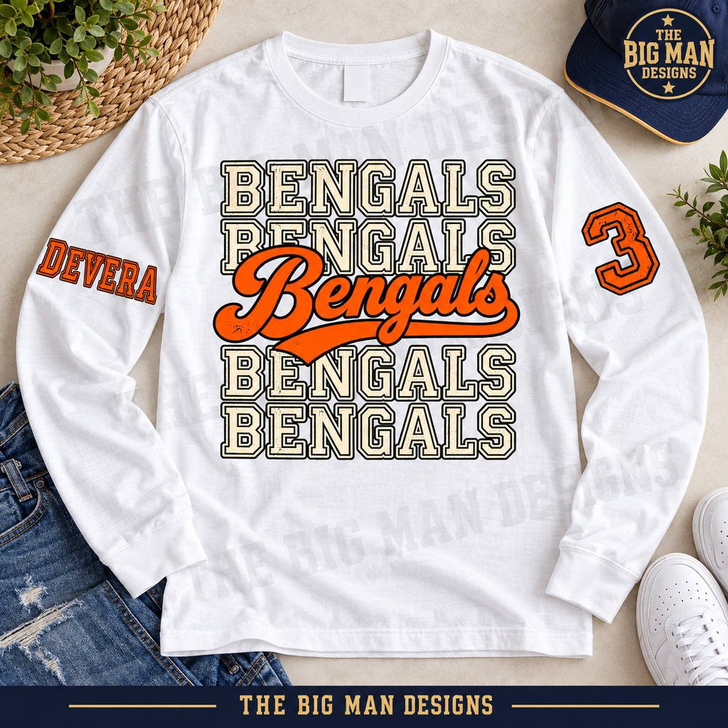 White long-sleeve Bengals shirt flat lay, with orange custom name DEVERA and number 3 printed on the upper sleeves.