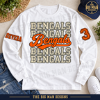 White long-sleeve Bengals shirt flat lay, with orange custom name DEVERA and number 3 printed on the upper sleeves.