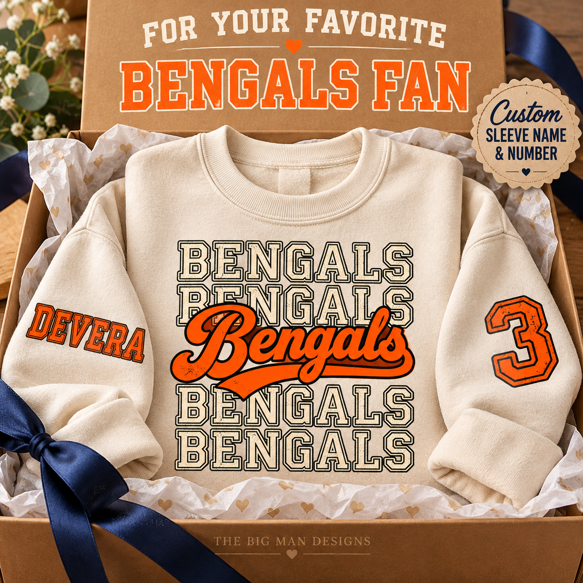 Natural Bengals sweatshirt in gift packaging with personalized upper-sleeve sample name DEVERA and number 3.
