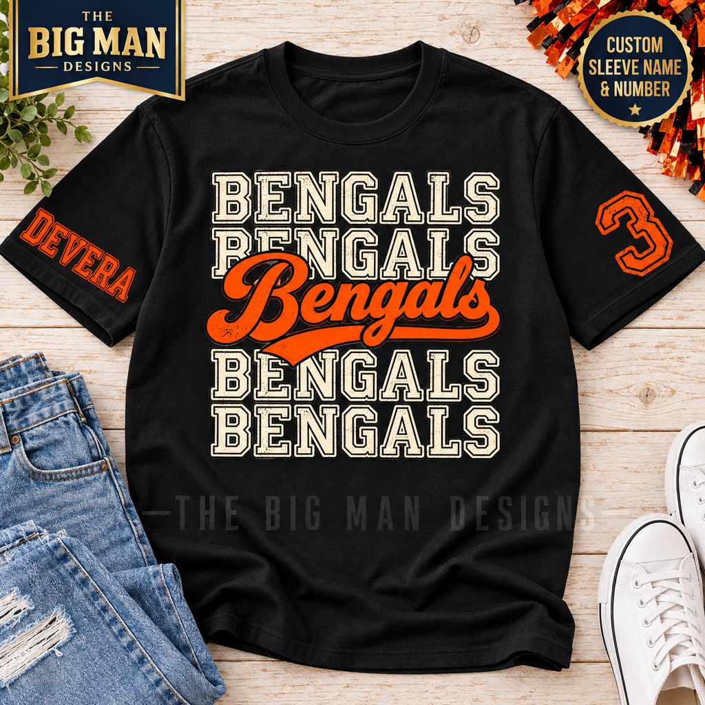 Black Bengals T-shirt with cream stacked varsity lettering and orange script, custom DEVERA sample name on right sleeve and number 3 on left sleeve.