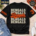 Black Bengals T-shirt with cream stacked varsity lettering and orange script, custom DEVERA sample name on right sleeve and number 3 on left sleeve.