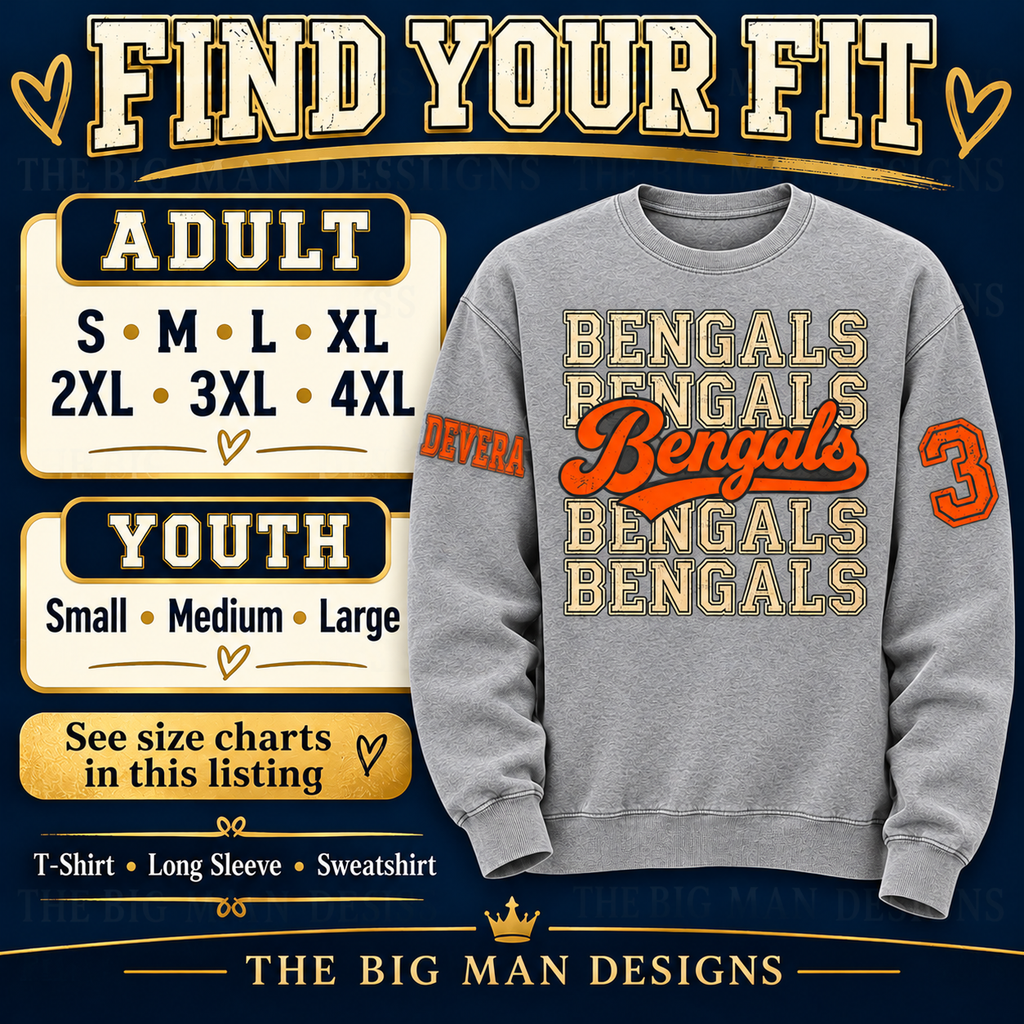 Bengals apparel size selection: adult S through 4XL and youth Small, Medium and Large, with T-shirt, long sleeve and sweatshirt styles.