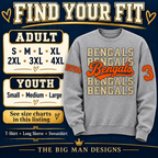 Bengals apparel size selection: adult S through 4XL and youth Small, Medium and Large, with T-shirt, long sleeve and sweatshirt styles.