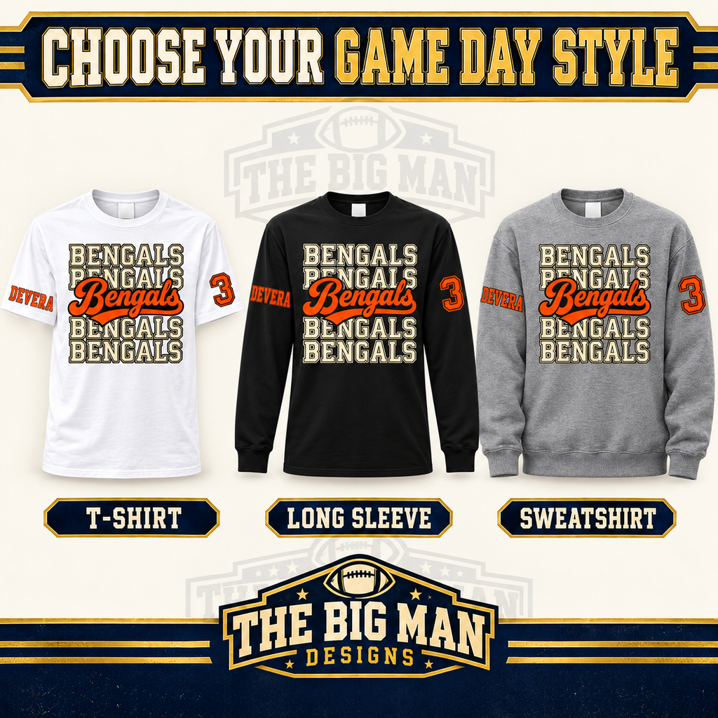 Bengals design on a White T-shirt, Black long-sleeve shirt and Gray sweatshirt, each with custom sleeve name and number samples.
