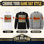 Bengals design on a White T-shirt, Black long-sleeve shirt and Gray sweatshirt, each with custom sleeve name and number samples.