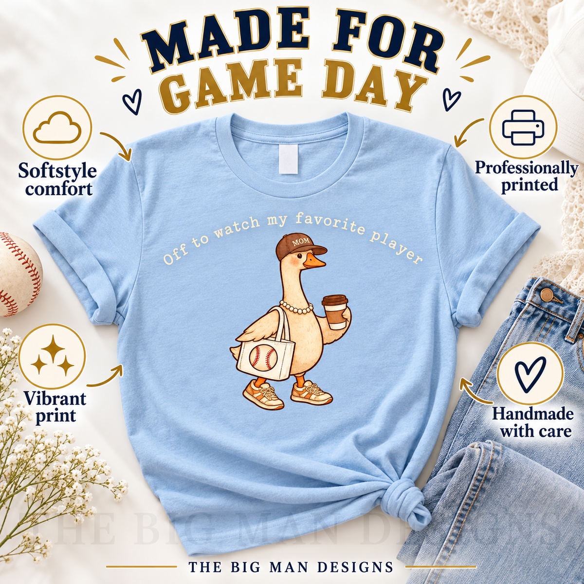 Baseball Mom Goose: shirt with comfort and printed-with-care benefits. The Big Man Designs.