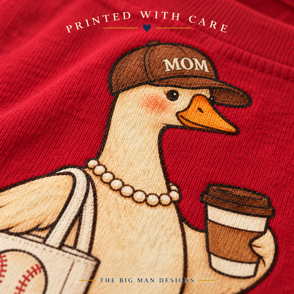 Baseball Mom Goose: close-up of printed artwork on cotton. The Big Man Designs.