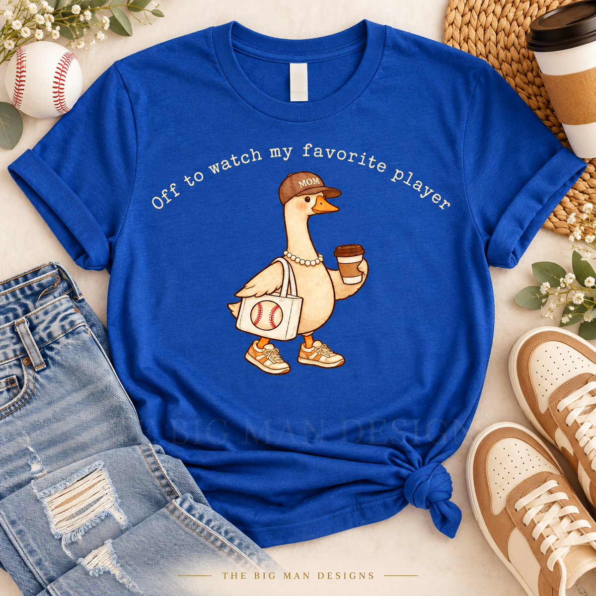 Baseball Mom Goose: shirt flat lay with coordinating accessories. The Big Man Designs.