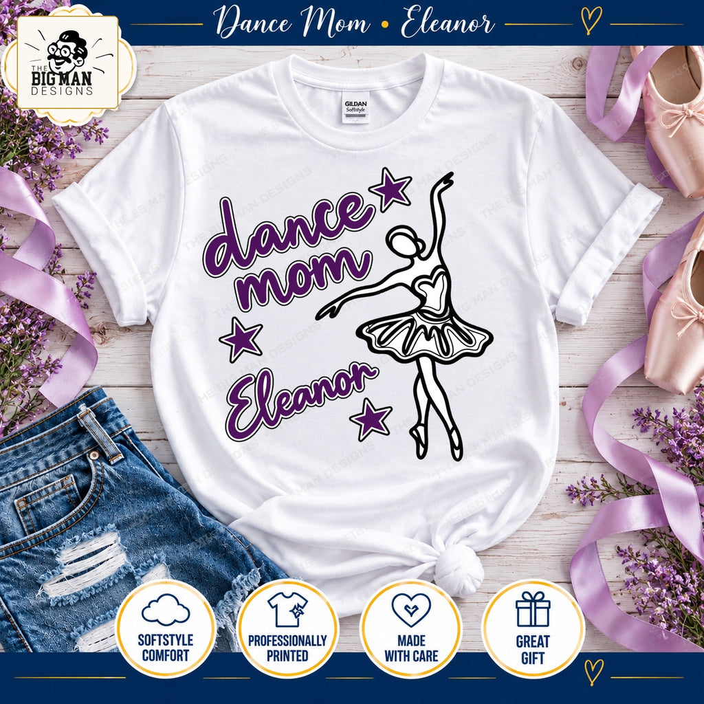 White Dance Mom Eleanor T-shirt with purple script, stars and ballerina graphic, styled with ballet ribbons