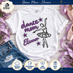 White Dance Mom Eleanor T-shirt with purple script, stars and ballerina graphic, styled with ballet ribbons