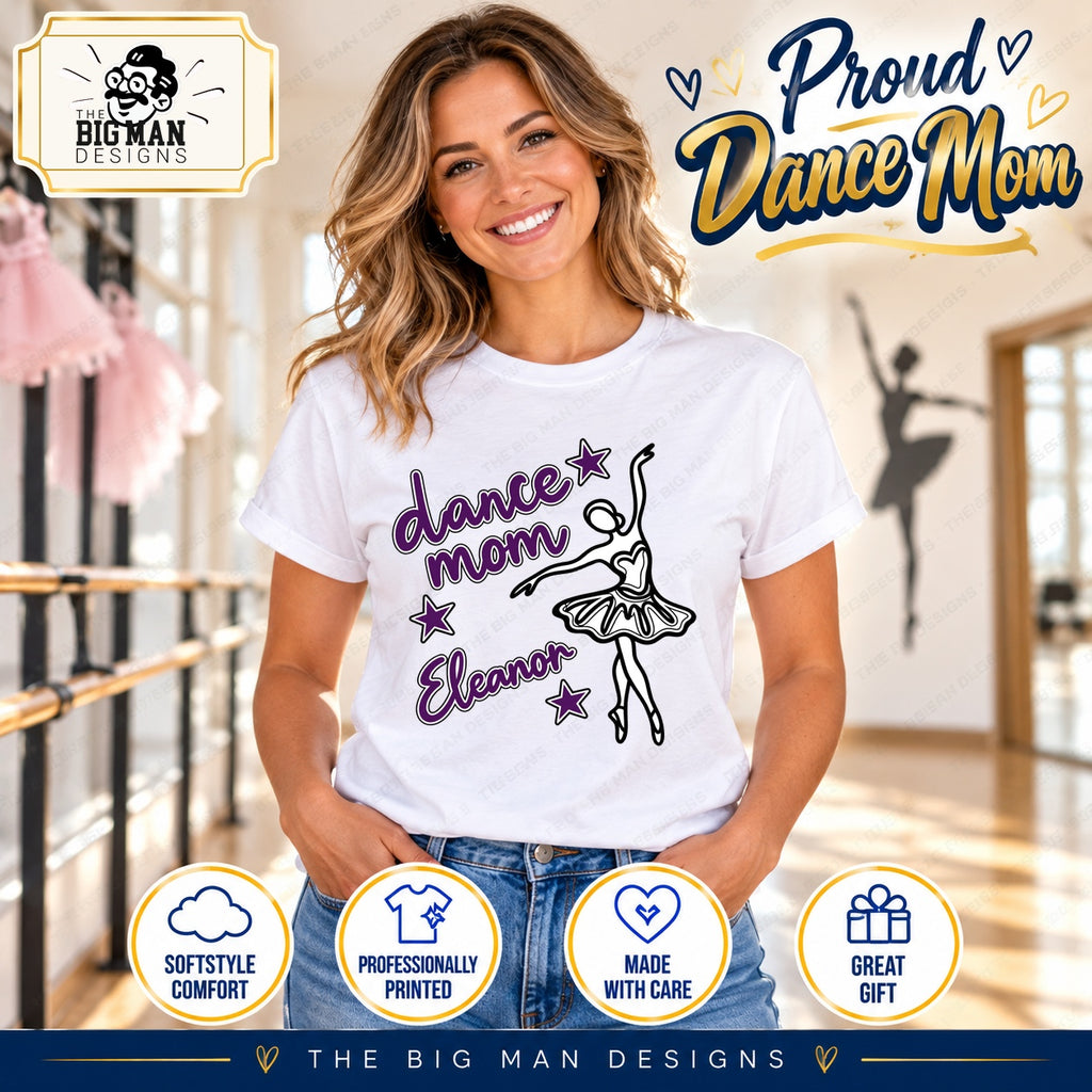 Woman wearing white Dance Mom Eleanor ballerina graphic tee in a ballet studio