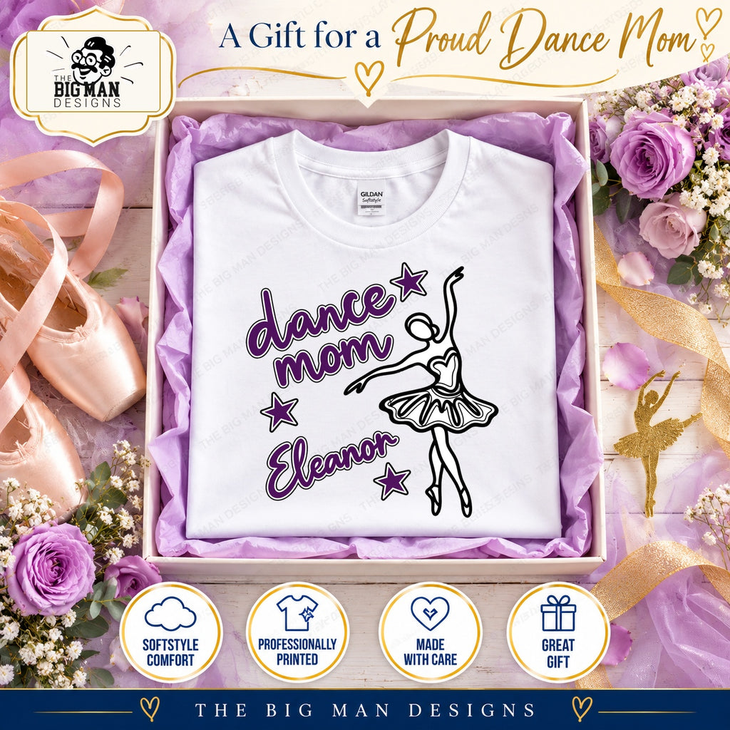 White Dance Mom Eleanor ballerina shirt presented in a lavender tissue gift box