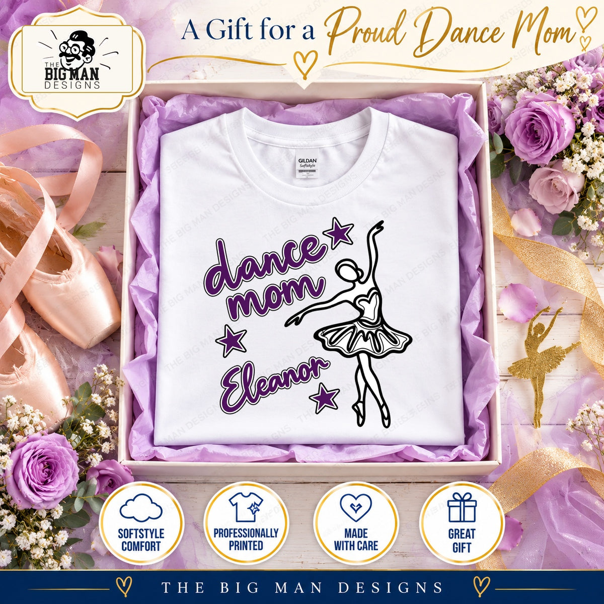 White Dance Mom Eleanor ballerina shirt presented in a lavender tissue gift box