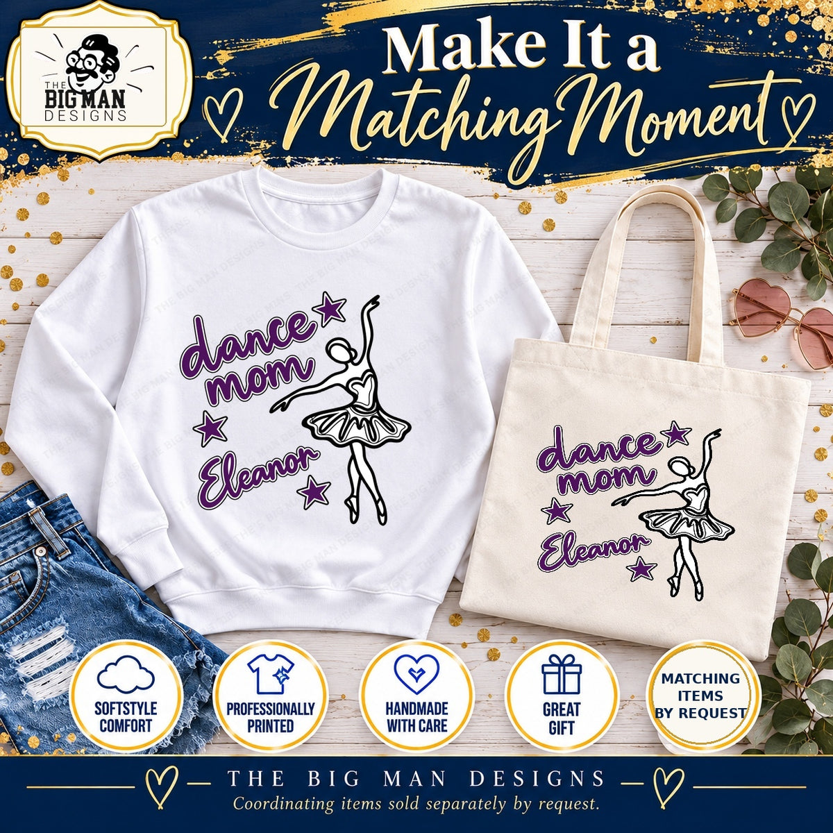 Dance Mom Eleanor design on coordinating sweatshirt and tote, sold separately by request