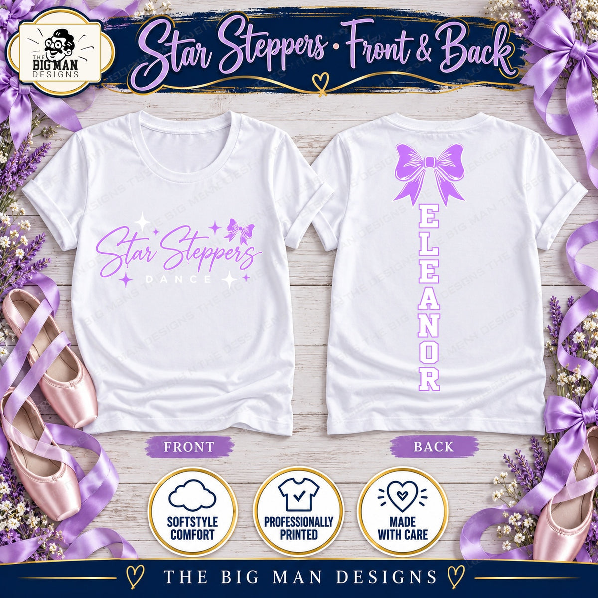 Front and back of white Star Steppers script dance shirt with Eleanor bow name printed vertically down center back