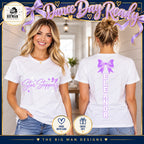 Two women showing front script Star Steppers design and centered vertical Eleanor bow back print