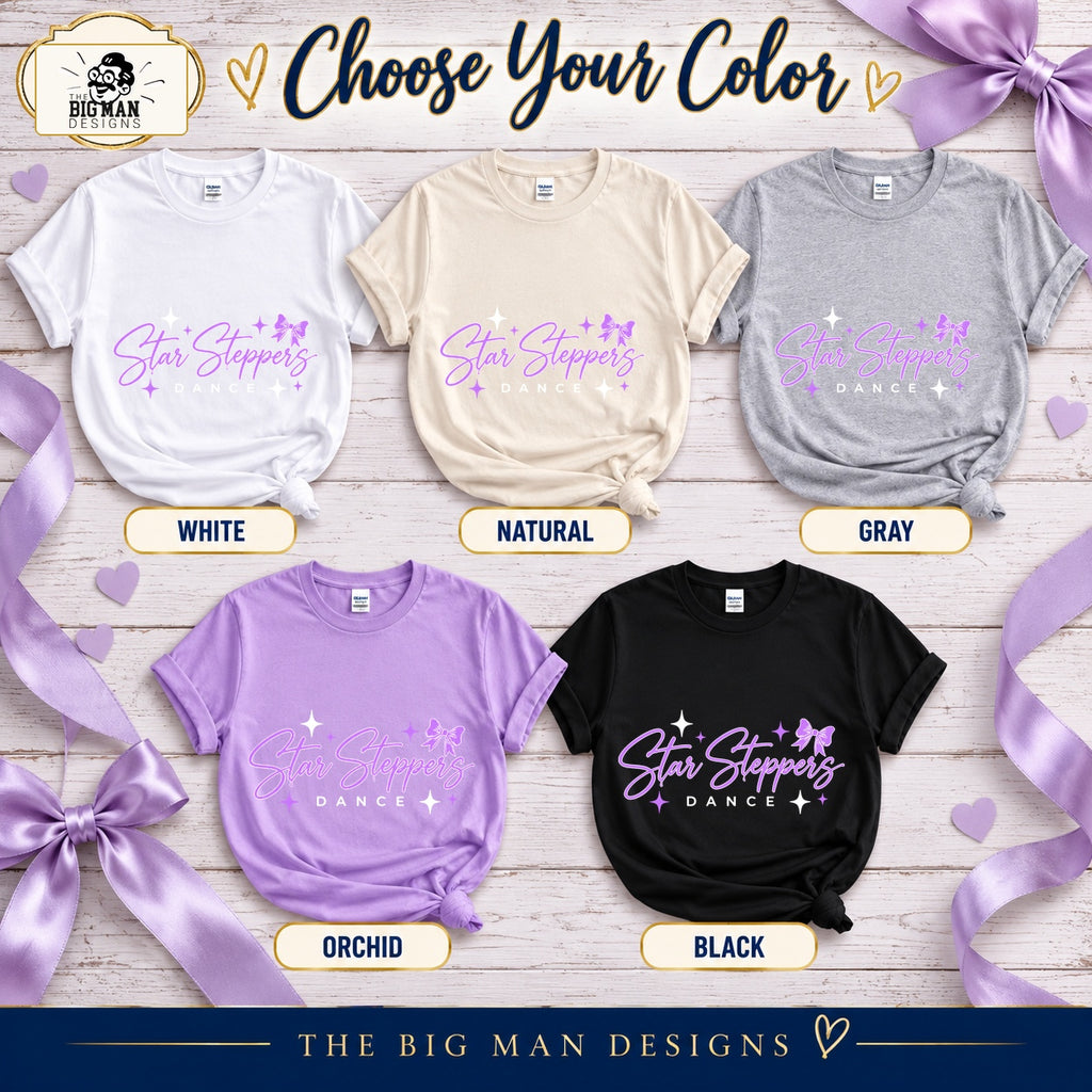Star Steppers script front design shown in White, Natural, Gray, Orchid Purple and Black