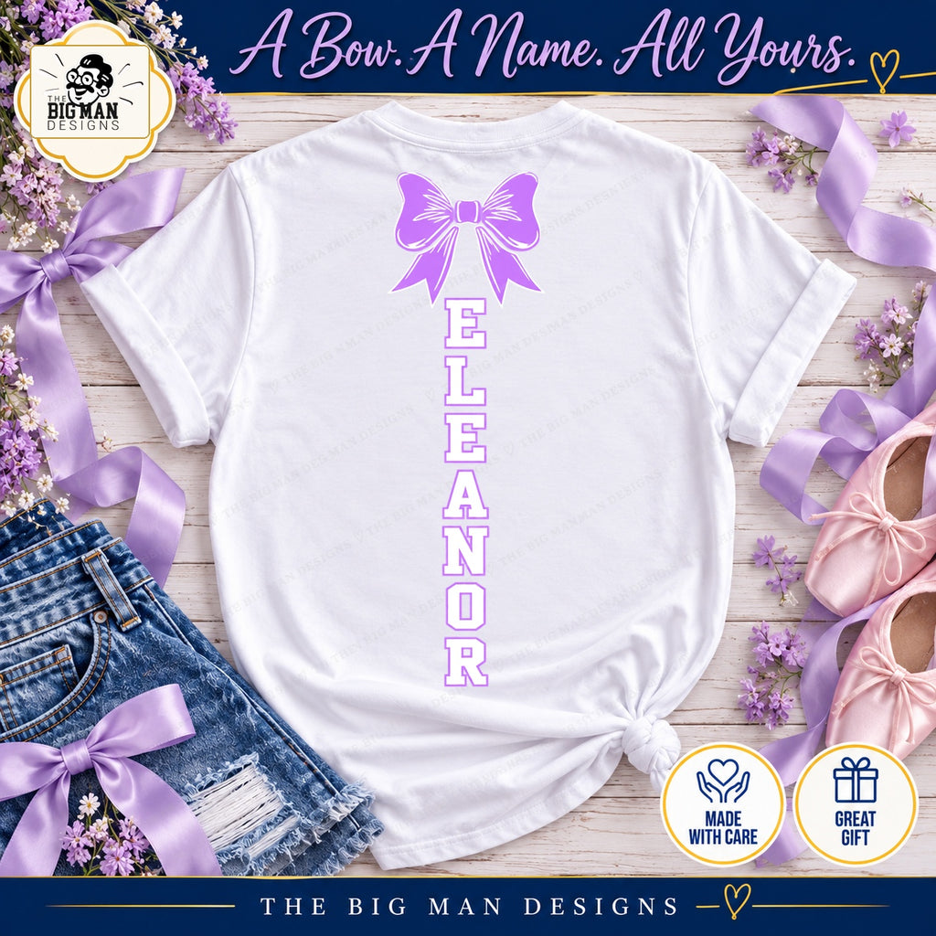 White shirt back with lavender bow and Eleanor letters stacked vertically down the middle
