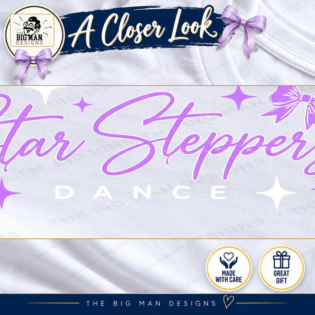 Close-up of cleaned lavender Star Steppers script, white outlines and sparkle print details